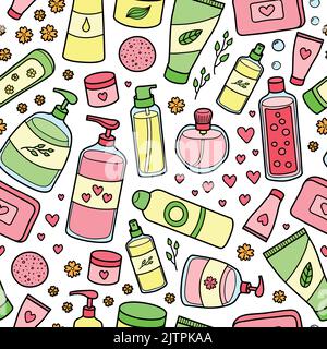 Cute seamless pattern with colorful hand drawn beauty products. Stock Vector
