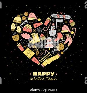 Hand drawn colorful winter items composed in heart shape. Stock Vector