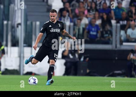 Federico Gatti of Juventus Fc controls the ball during the  Serie A match beetween Juventus Fc and Spezia Calcio at Allianz Stadium on August 31, 2022 in Torino, Italy . Stock Photo