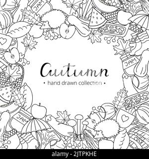 Square background with different uncolored doodle autumn items and lettering. Detailed frame design. Used clipping mask. Stock Vector