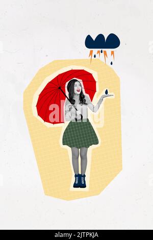 Collage artwork graphics picture of happy smiling lady walking enjoying rainy weather isolated painting background Stock Photo