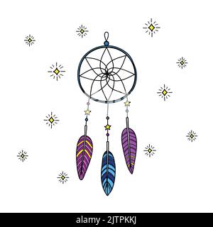 Hand drawn dream catcher with feathers and decor isolated on white background. The traditional native american talisman. Stock Vector