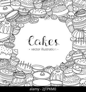 Square background with different uncolored doodle cakes, desserts and lettering. Detailed frame design. Used clipping mask. Stock Vector