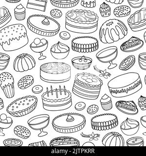 Black and white seamless pattern with different outline hand drawn cakes. Stock Vector