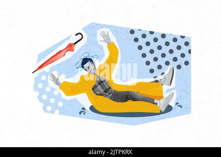 Photo artwork minimal picture of happy smiling guy throwing down slippery puddle isolated drawing background Stock Photo