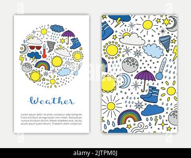 Card templates with doodle colorful weather items. Used clipping mask. Stock Vector