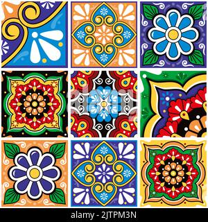 Colroful Mexican seamless tile vector pattern big set with flowers, leaves and geometric shapes Stock Vector