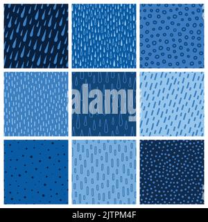 Set of blue, azure, indigo seamless patterns with rain drops. Stock Vector