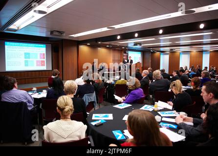 Andy Burnham, Richard Vize, Dan Wellings and Chris Ham speaking at The King's Fund Breakfast Debates 17/04/10 Stock Photo