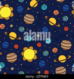 Dark blue seamless pattern with hand drawn solar system space planets and stars. Stock Vector