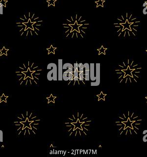 Black seamless patern with outline doodle golden shining stars. Stock Vector