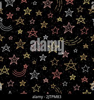 Black seamless pattern with golden, silver and pink outline stars. Stock Vector