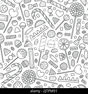 Black and white seamless pattern with hand drawn outline candies. Stock Vector