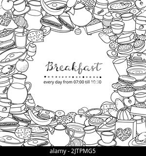 Square background with different uncolored doodle breakfast items and lettering. Detailed frame design. Used clipping mask. Stock Vector