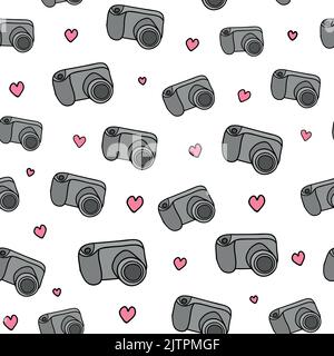 Cute seamless pattern with colored doodle photo cameras and hearts. Stock Vector