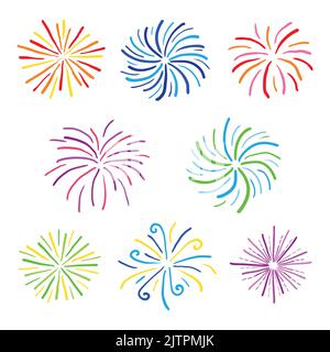 Set of different multicolored doodle fireworks isolated on white background. Stock Vector