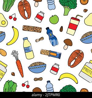 Seamless pattern with colorful hand drawn sport nutrition healthy items. Stock Vector