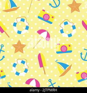 Cute colorful seamless pattern with flat pop art icons on beach theme. Stock Vector