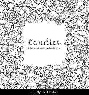 Square background with different uncolored doodle sweets, candies and lettering. Detailed frame design. Used clipping mask. Stock Vector