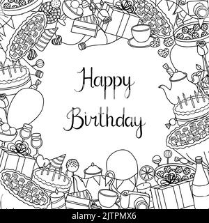 Square background with different uncolored doodle birthday items and lettering. Detailed frame design. Used clipping mask. Stock Vector