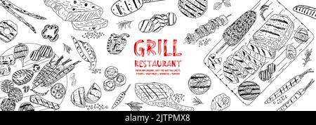 Grilled meat and vegetables poster. Food on the grill. Top view design. Hand drawn illustration. Restaurant menu design. Vector illustration. Stock Vector