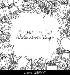 Square background with different uncolored doodle items for Valentine s day and lettering. Detailed frame design. Used clipping mask. Stock Vector