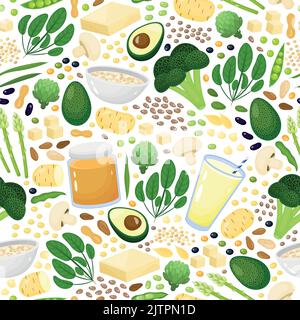 Seamless pattern with cartoon vegan protein sources foods. Stock Vector