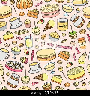 Seamless pattern with hand drawn colored white chocolate and vanilla products, sweets, desserts, cakes, fruits. Stock Vector