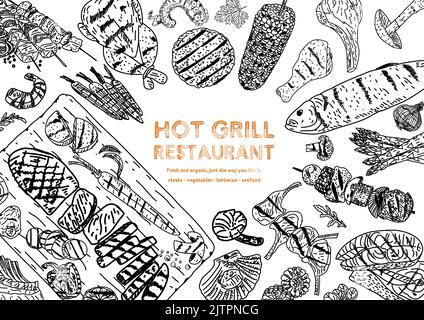 Grilled meat and vegetables poster. Food on the grill. Top view design. Hand drawn illustration. Restaurant menu design. Vector illustration. Stock Vector