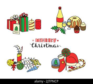 Different groups of holiday items for Christmas isolated on white background. Vector hand drawn illustration. Stock Vector