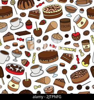 Seamless pattern with hand drawn colored chocolate and cocoa products, sweets, desserts, cakes, fruits. Stock Vector