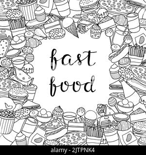 Square background with different uncolored doodle fast food items and lettering. Detailed frame design. Used clipping mask. Stock Vector