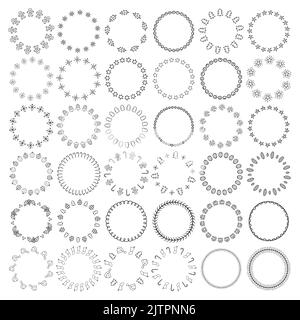 Big hand drawn collection of different Christmas round wreaths isolated on white background. Stock Vector
