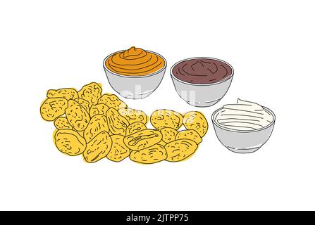 Fried mussels hand drawn vector design. Fast food menu design elements. Design element for poster, menu, flyer, banner, menu, package. Vector. Stock Vector