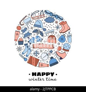 Hand drawn colorful winter items composed in circle shape. Stock Vector