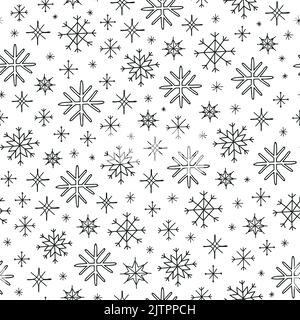 Black and white seamless pattern with different doodle snowflakes. Stock Vector