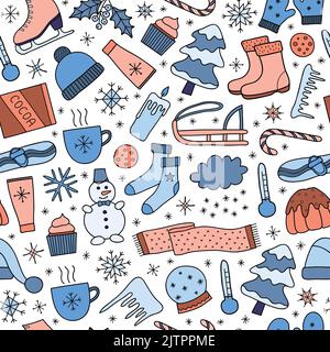 Seamless pattern with doodle colorful winter items. Stock Vector