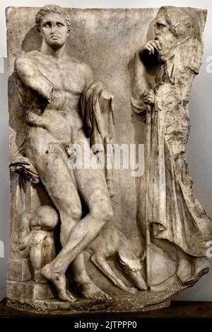 Marble Funerary Stele, Youth, Found in Bed of Ilissos River in Athens,  340 BC, National Archaeological Museum in Athens. Stock Photo