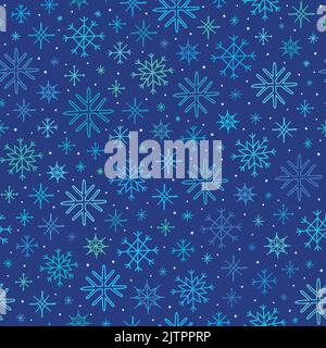 Blue seamless pattern with different doodle snowflakes. Stock Vector