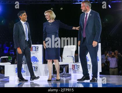 London, UK. 31st Aug, 2022. Rishi Sunak and Liz Truss on the podium. The final hustings in the Conservative Party leadership race, held at Wembley Arena, sees Liz Truss and Rishi Sunak compete to lead the party and become the next Prime Minister. Credit: Imageplotter/Alamy Live News Stock Photo