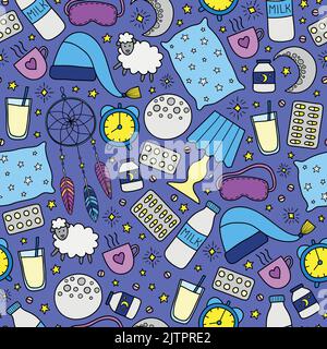 Colorful seamless pattern with sleep and insomnia items including moon, milk, stars, sheep, pillow, tea or coffee, pills, dream catcher, mask, alarm c Stock Vector