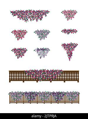 Bushes of petunia flowers for balconies decoration in flat style isolated on white background. Stock Vector