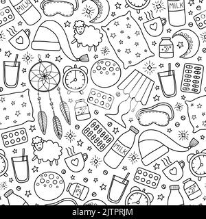 Black and white seamless pattern with doodle outline sleep and insomnia items including moon, milk, stars, sheep, pillow, tea or coffee, pills, dream Stock Vector
