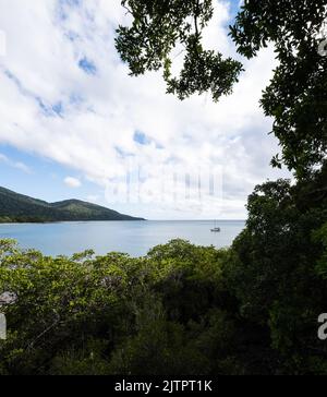 Looking toward a yacht moored off Cape Tribulation Beach from Kulki Lookout, Queensland Stock Photo