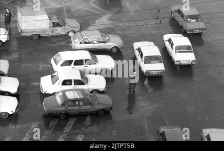 Bucharest, Romania, January 1990. Vehicles in traffic at Romana Square. Stock Photo