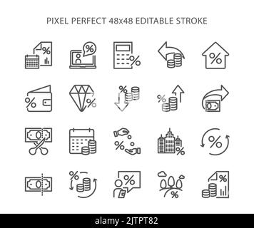 Simple set of tax related vector line icons. Flat, digital icon set for web and mobile. Pixel Perfect 48x48 Editable Stroke. Stock Vector