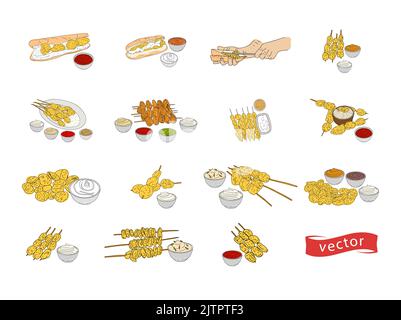 Fried mussels hand drawn vector design. Fast food menu design elements. Design element for poster, menu, flyer, banner, menu, package. Vector. Stock Vector