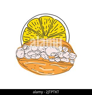 Street food. Stuffed mussels. Heap of mussels in shells stuffed with rice and served with lemon. Design element for poster, menu, flyer, banner, packa Stock Vector