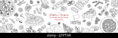 Italian cuisine top view frame. Engraved image. Italian cuisine frame. Vintage hand drawn sketch. Pizza and pasta hand drawn frame. Food menu design e Stock Vector