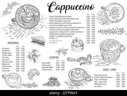 Cappuccino coffee menu design template. Coffee restaurant menu. Vector beverage flyer for bar and cafe.  Hand drawn sketch illustration. Vector illust Stock Vector